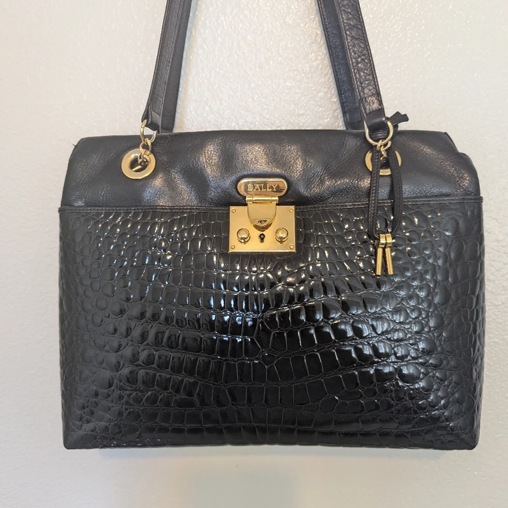 Bally Black Croc-Embossed Leather Shoulder Bag